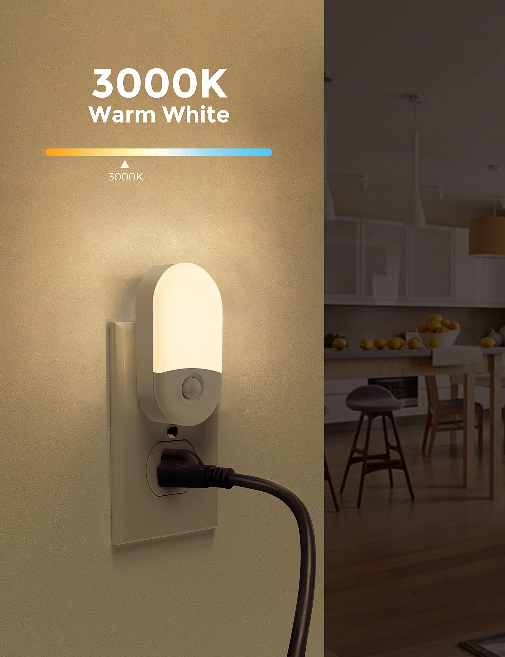L LOHAS LED 3000K warm white night light in on mode provides steady glow.