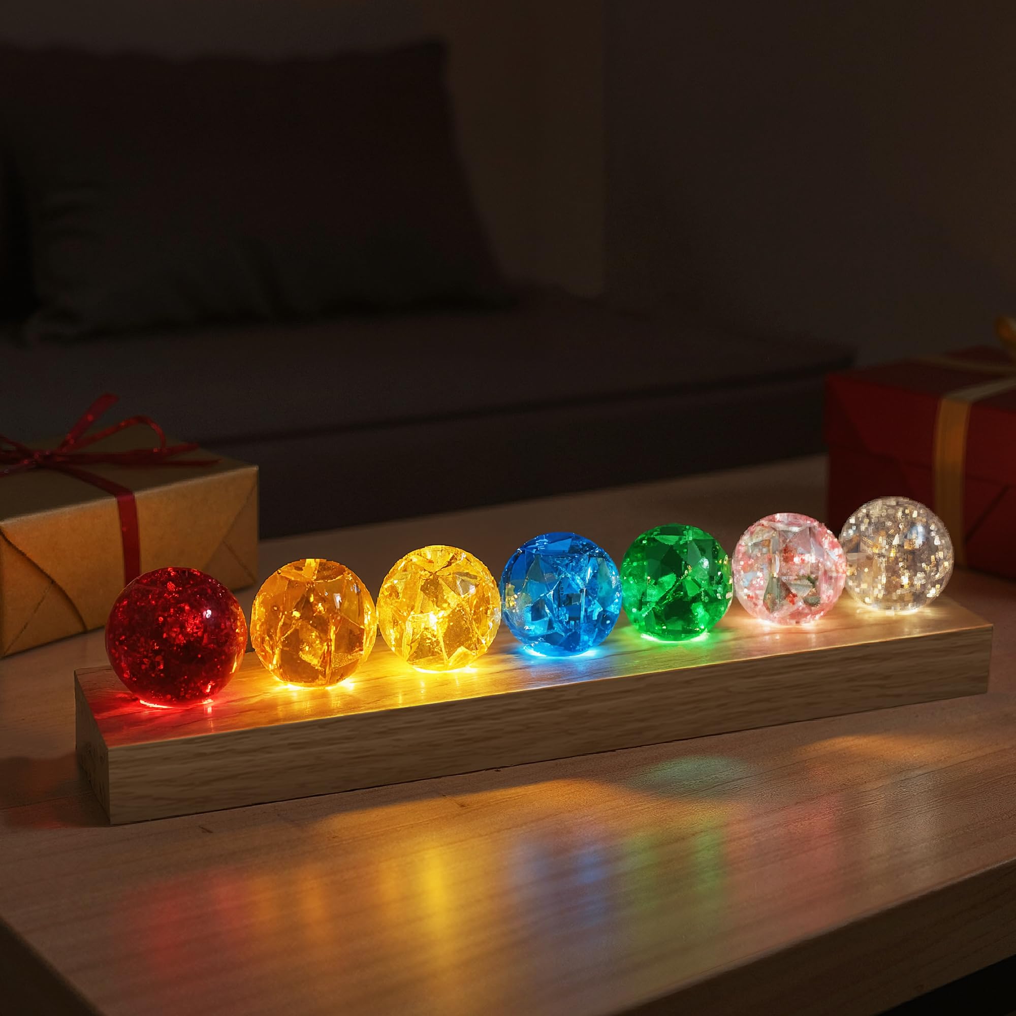 L LOHAS LED 7 crystal balls on wooden base illuminate spaces with elegant ambience.