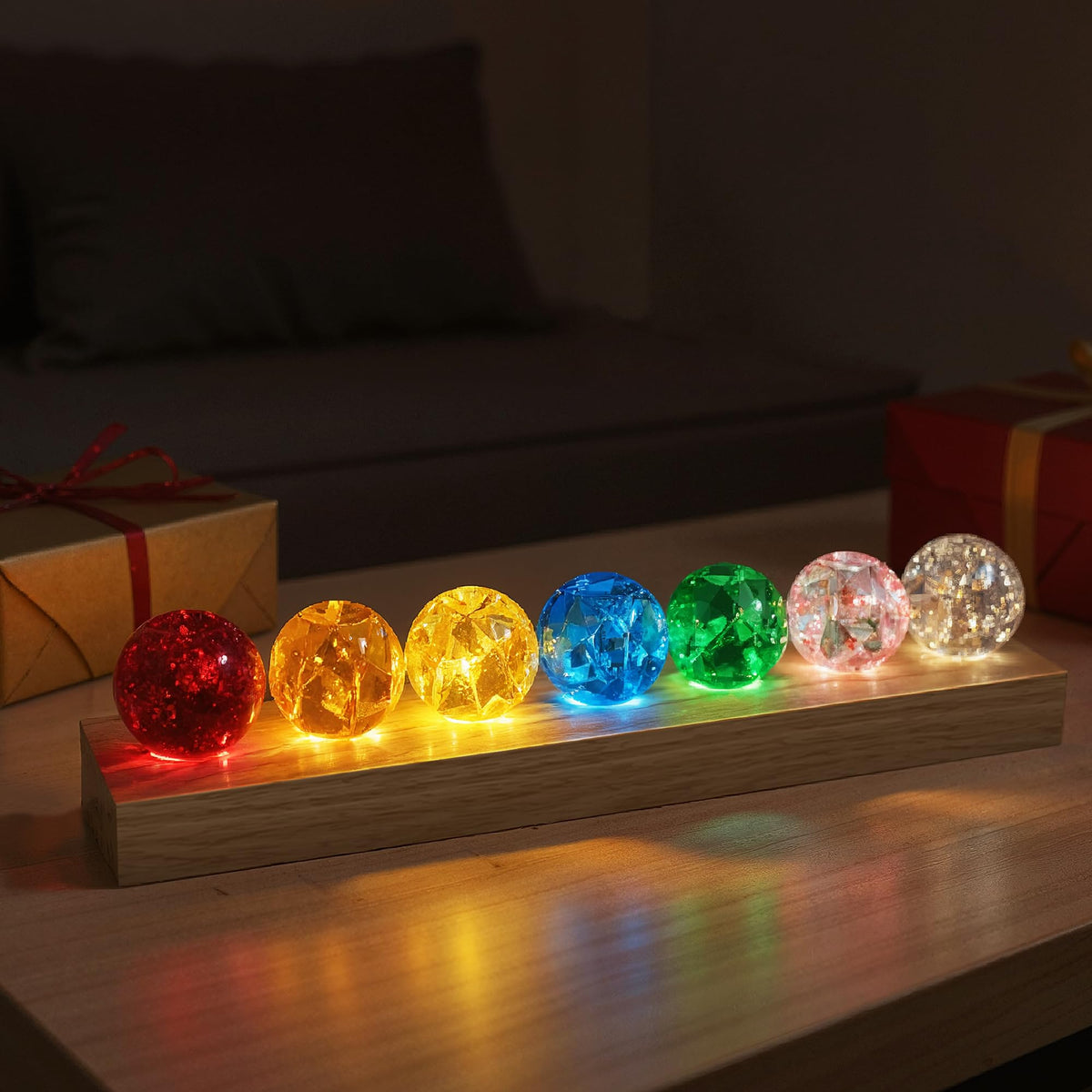 L LOHAS LED 7 crystal balls on wooden base illuminate spaces with elegant ambience.