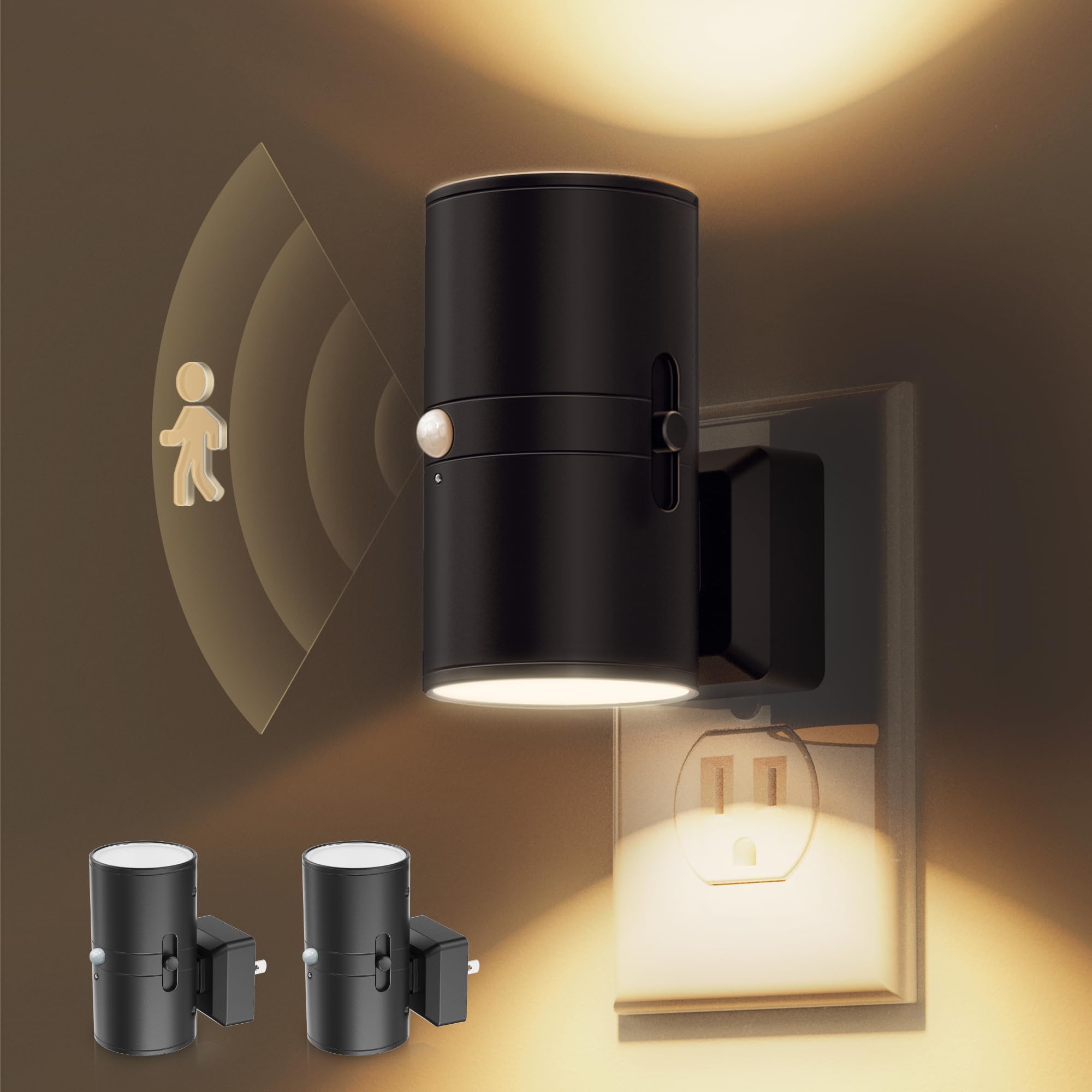 L LOHAS LED motion sensor night light plug-in 2-pack detects motion up to 5m for hands-free hallways.