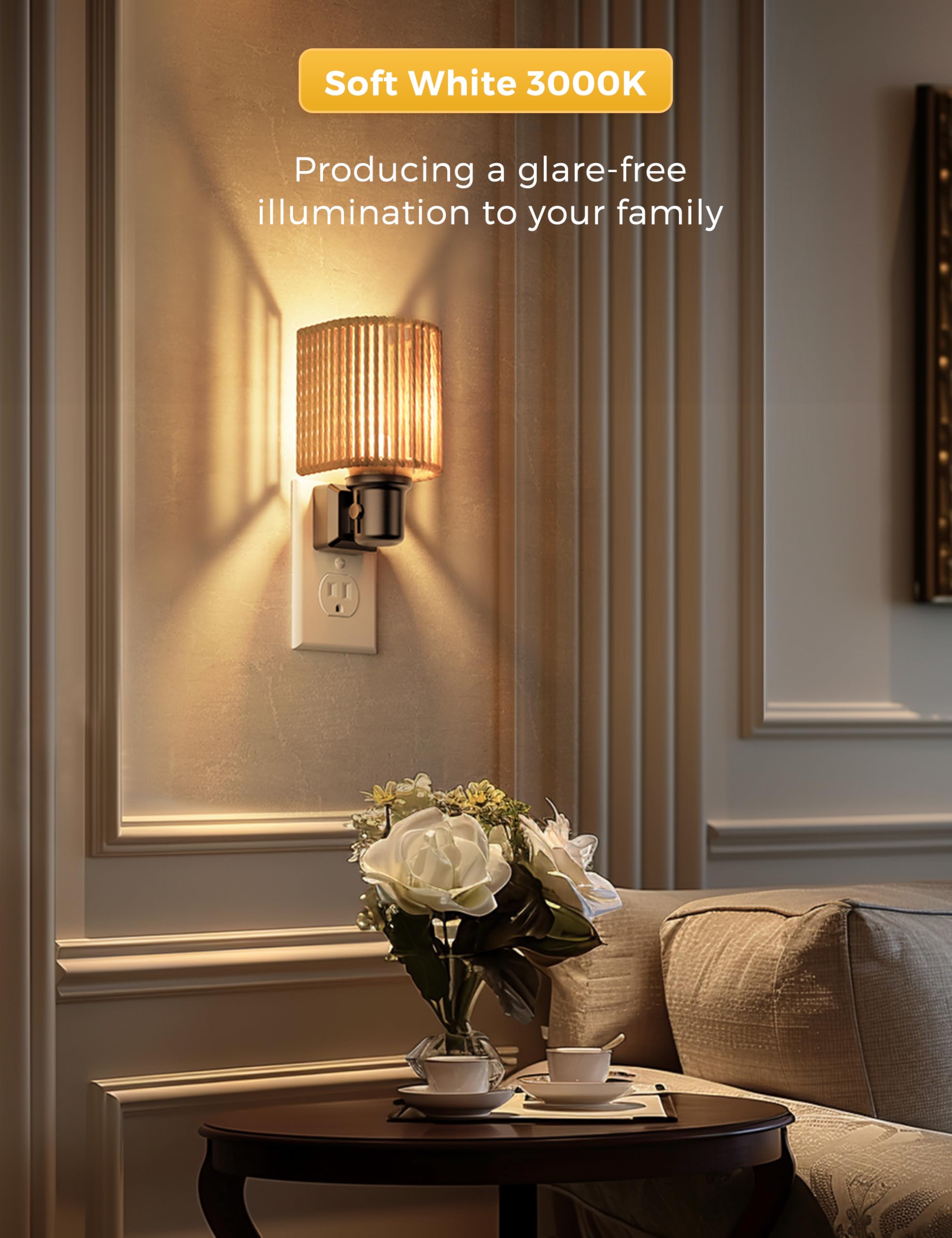 L LOHAS LED night light on a bedside table in a cozy bedroom setup.