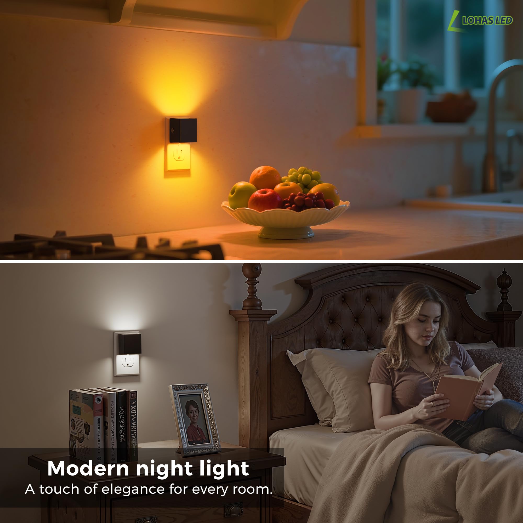 L LOHAS LED night light in a black minimalist frame, stylish and outlet-friendly.