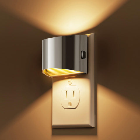 L LOHAS LED night light plugged into wall, grey 2-pack, saves outlet space.