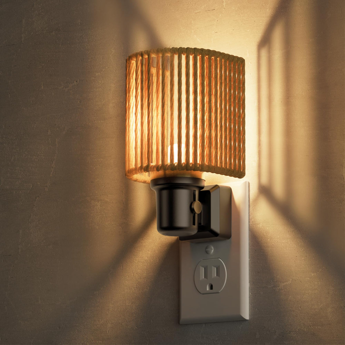 L LOHAS LED night light with woven shade for warm, cozy living spaces.