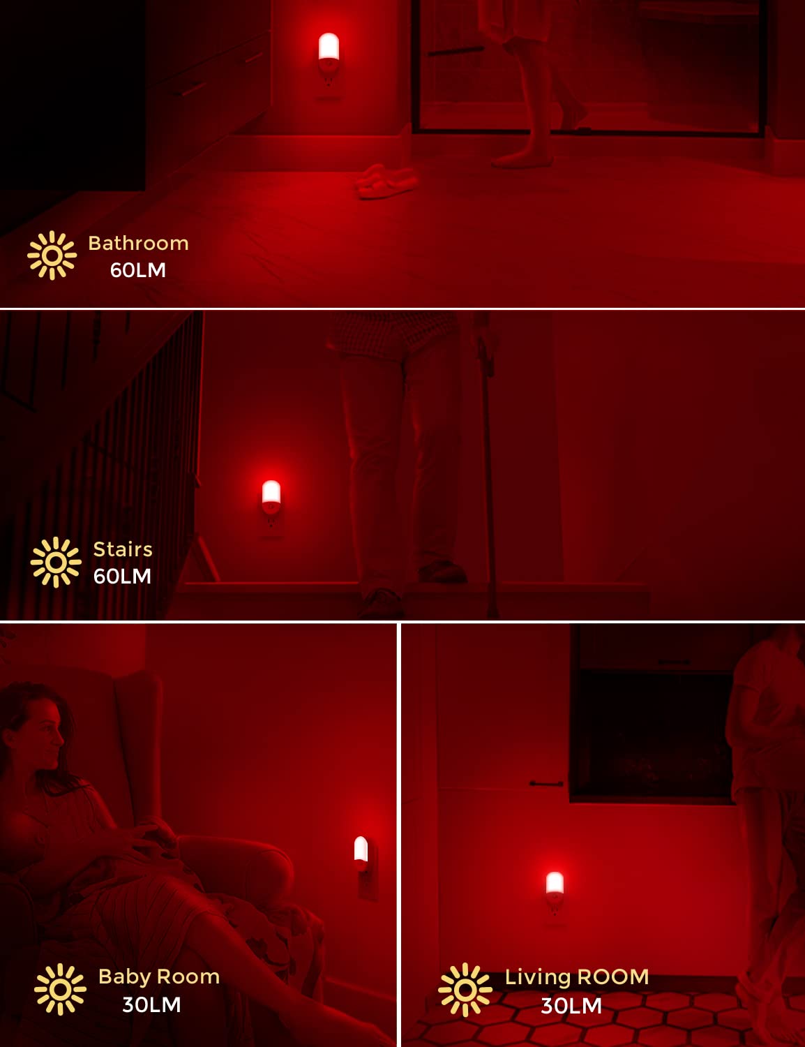 Hallway and stairs glow with L LOHAS LED Red Night Light for safe navigation.