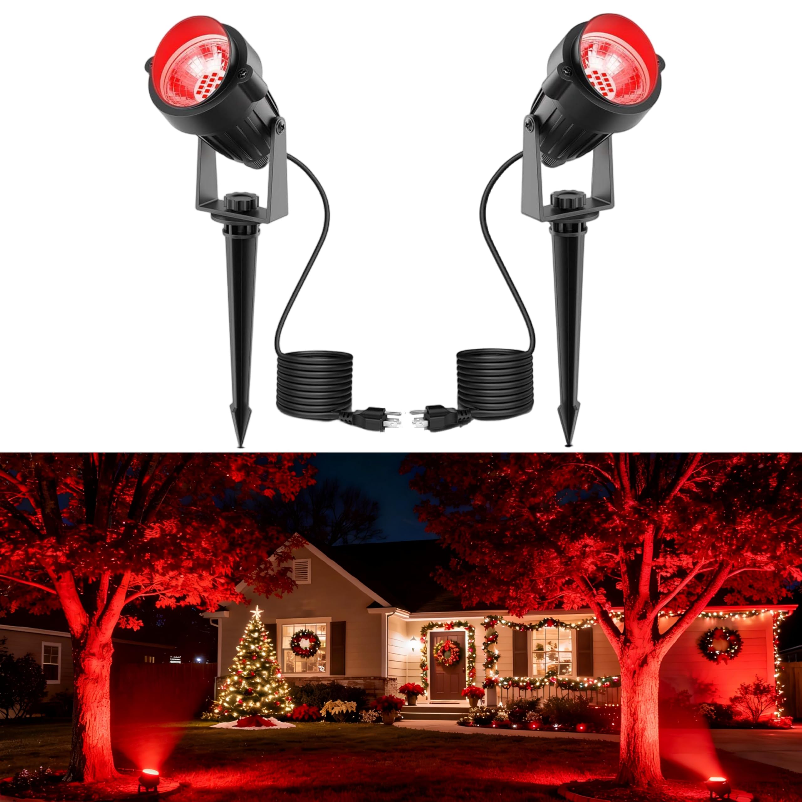 L LOHAS LED red spotlight highlights a front-yard tree for festive curb appeal.