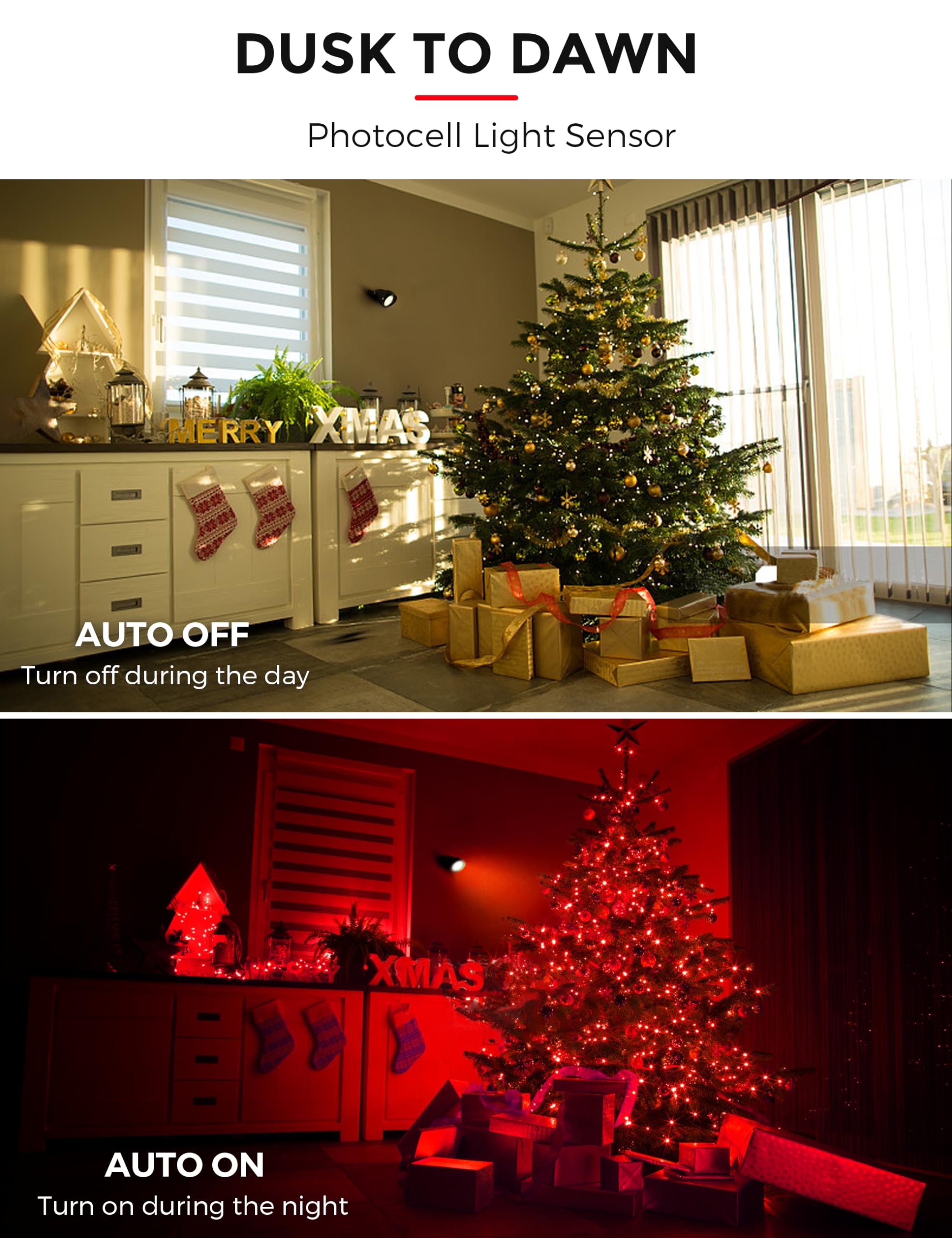 L LOHAS LED red spotlight enhances a backyard tree with holiday glow.