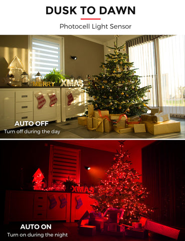 L LOHAS LED red spotlight enhances a backyard tree with holiday glow.
