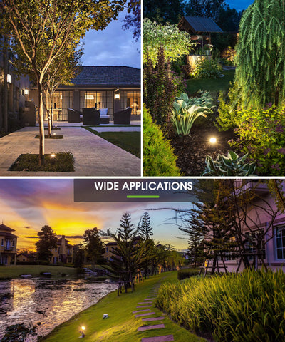 L LOHAS LED yard light highlights flowers and shrubs at night.