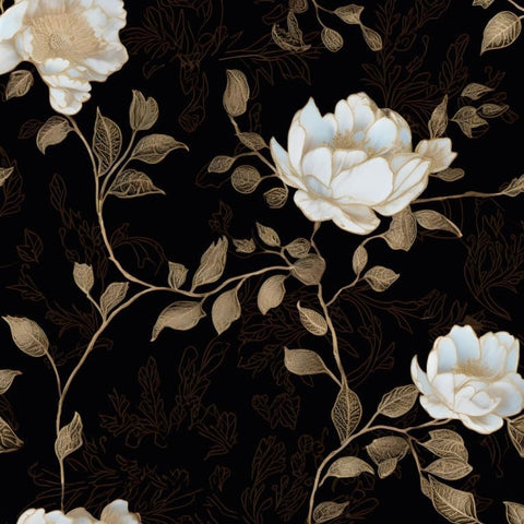 Laaste black golden floral peel-and-stick wallpaper on a cabinet for quick vintage update.