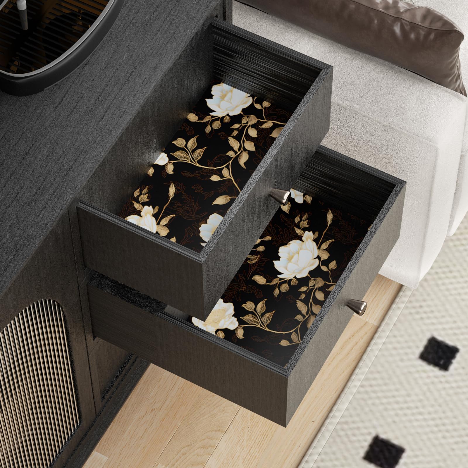 Laaste dark floral pattern close-up with gold accents for a premium finish.