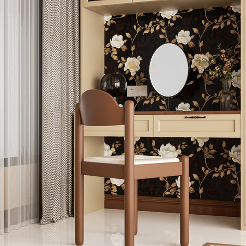 Laaste wallpaper on cabinet liner shows durable, wipeable protection.