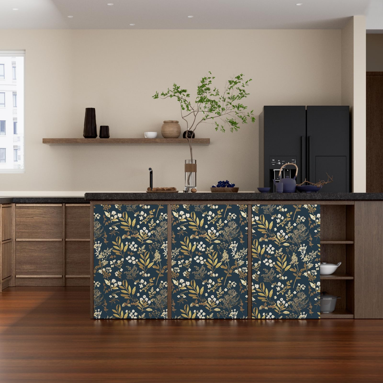 Laatse boho floral wallpaper with gold outline elevates decor