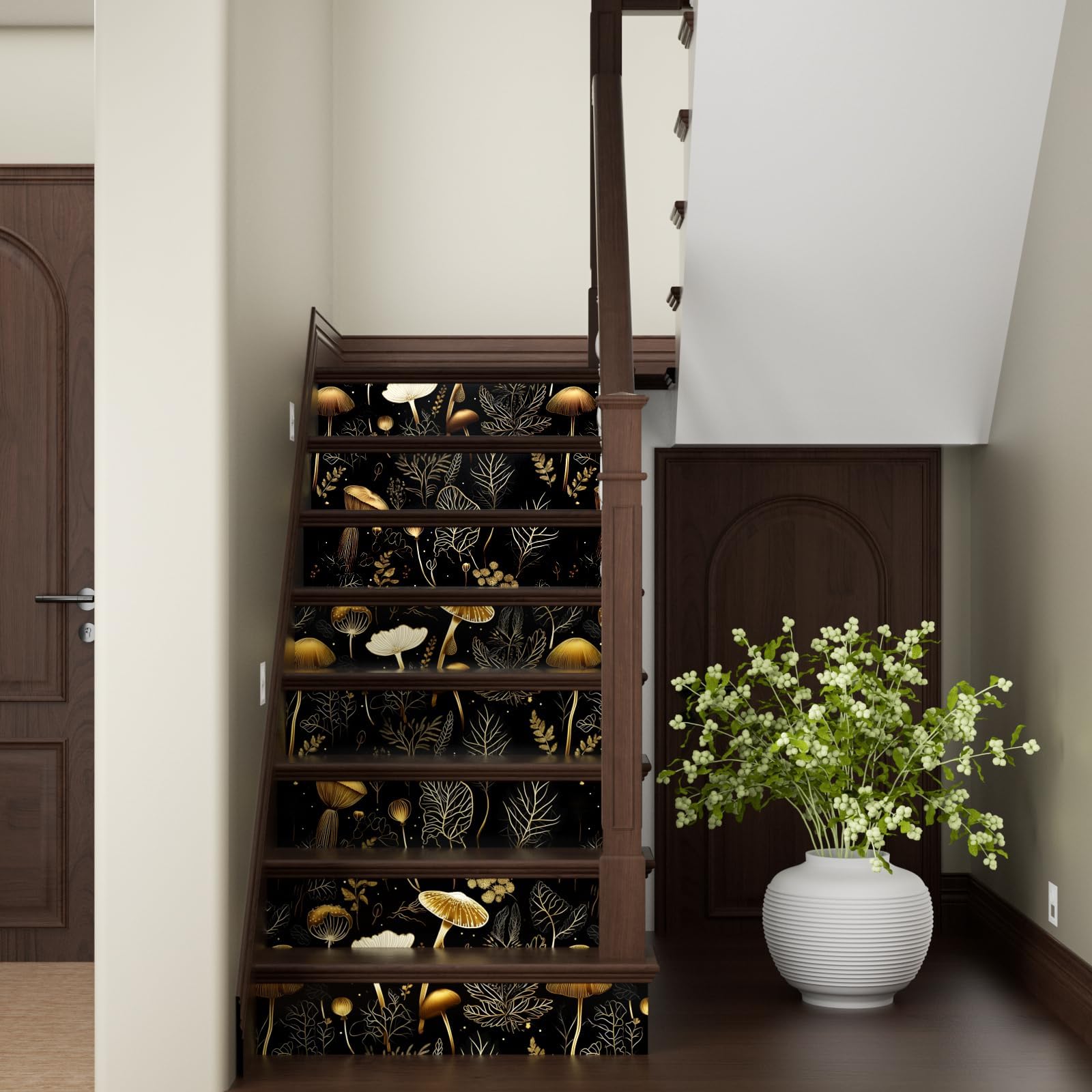 Laatse black floral on wall demonstrates chic mood and durable vinyl finish.