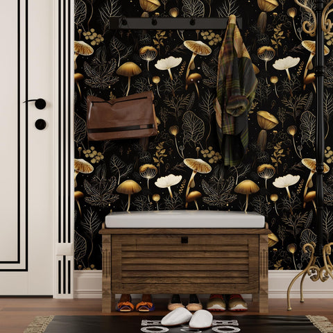 Laatse gold mushroom detail emphasizes luxe accents on a vintage-inspired wall.