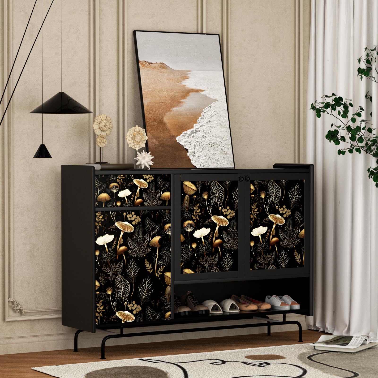 Laatse pattern closeup highlights dark florals with gold accents for a refined look.