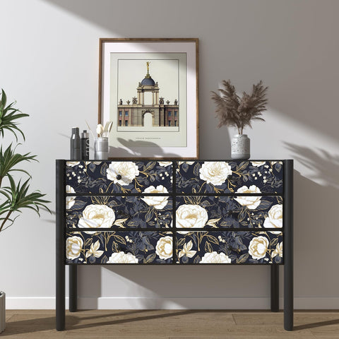 Laatse dark blue leaf contact paper highlights bold botanical details for cabinet refresh.