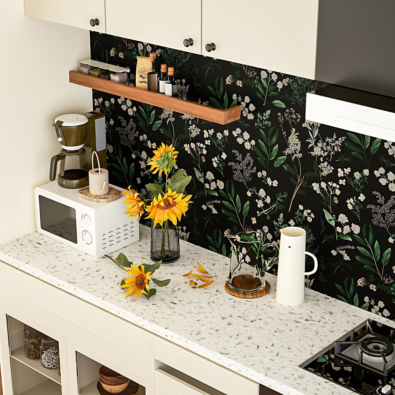 Laatse Dark Floral Wallpaper bathroom-splash highlights waterproof surface for practical spaces.