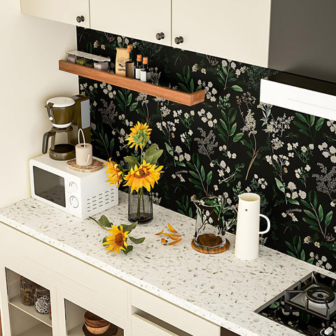 Laatse Dark Floral Wallpaper bathroom-splash highlights waterproof surface for practical spaces.