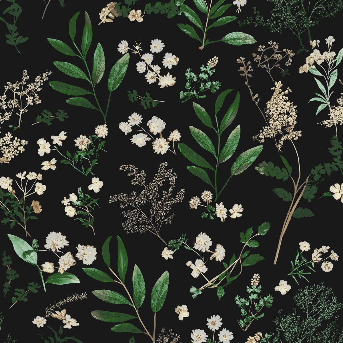 Laatse Dark Floral Wallpaper closeup of leaf pattern, ideal for boho living spaces and easy removal.