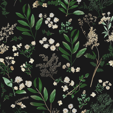 Laatse Dark Floral Wallpaper closeup of leaf pattern, ideal for boho living spaces and easy removal.