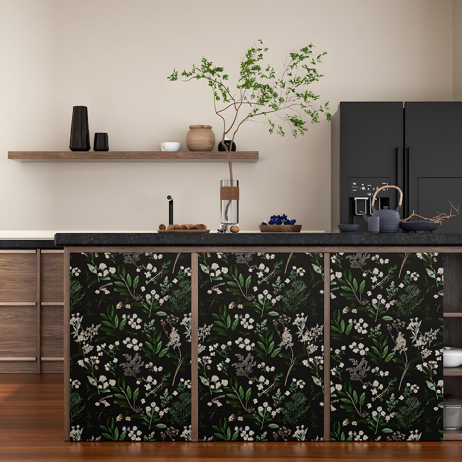 Laatse Dark Floral Wallpaper kitchen-cabinet-use showing easy application and removable finish.