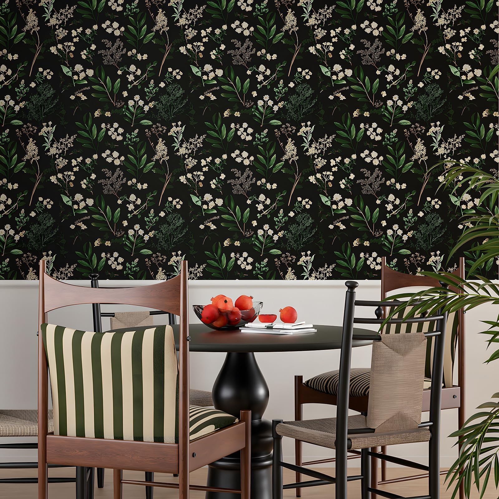 Laatse Dark Floral Wallpaper living-room-wall demonstrates versatile boho styling and durability.