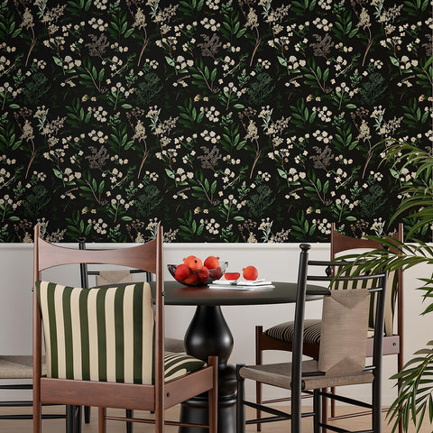 Laatse Dark Floral Wallpaper living-room-wall demonstrates versatile boho styling and durability.