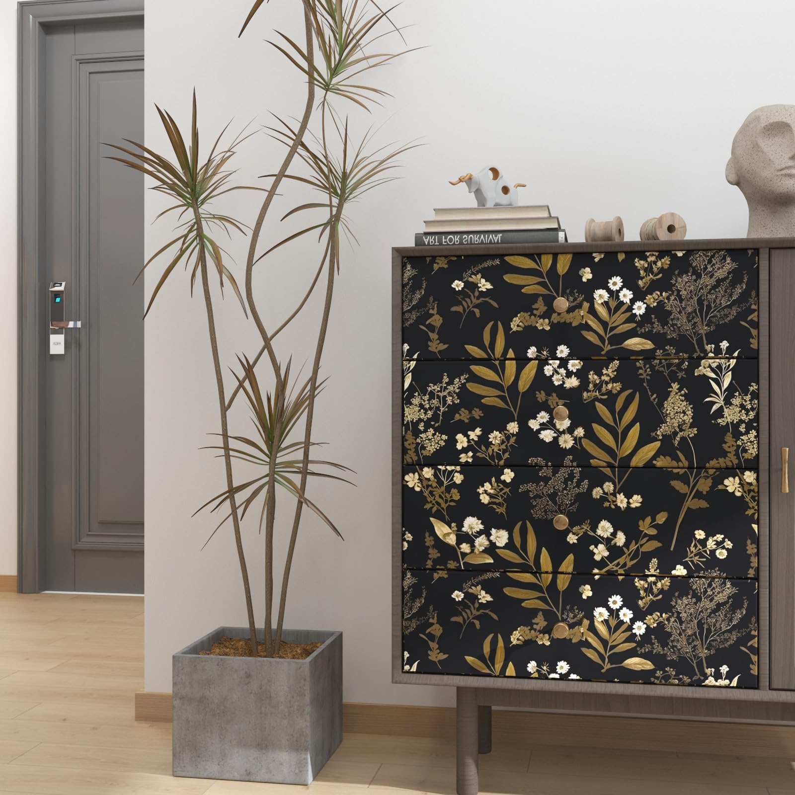 Laatse floral pattern close-up highlights black leaves with gold accents.