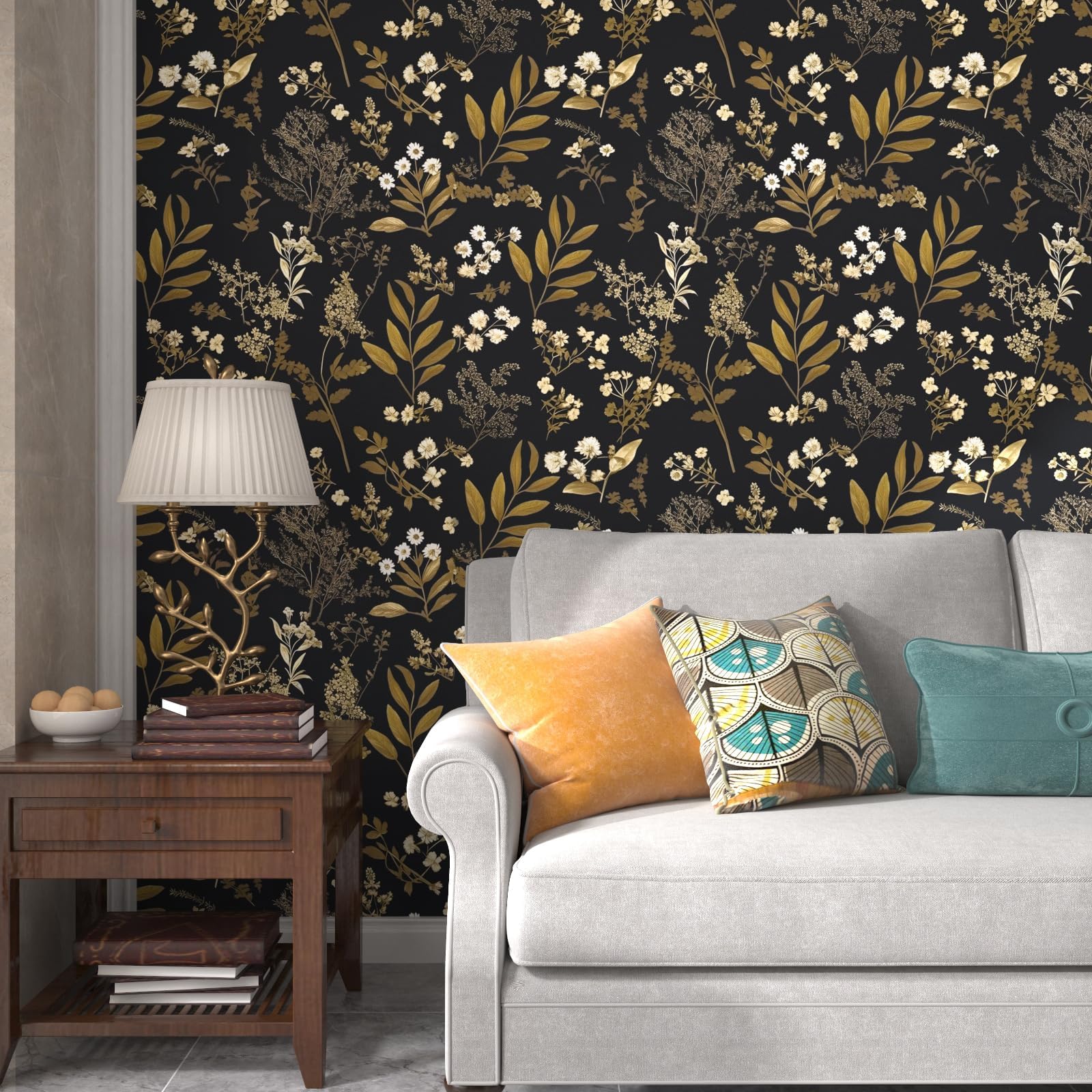 Laatse Gothic wallpaper gold outline detail adds subtle luxury to decor.