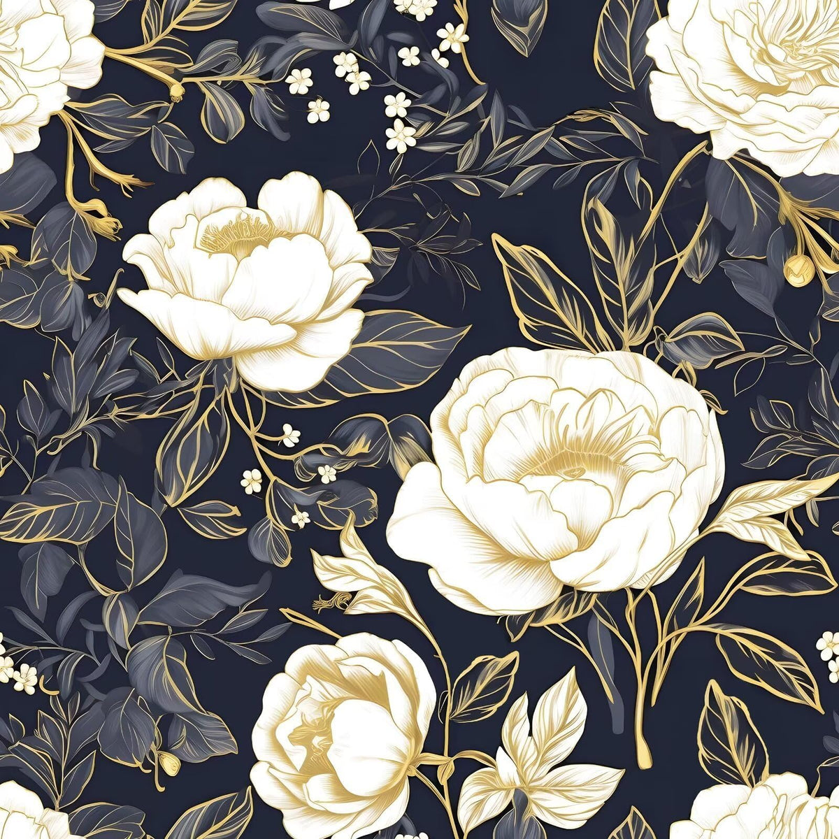 Laatse vintage white gold floral wallpaper in navy tones offers easy peel-and-stick wall upgrade.