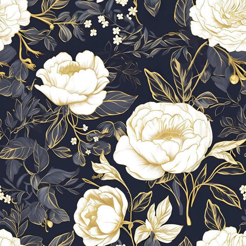 Laatse vintage white gold floral wallpaper in navy tones offers easy peel-and-stick wall upgrade.