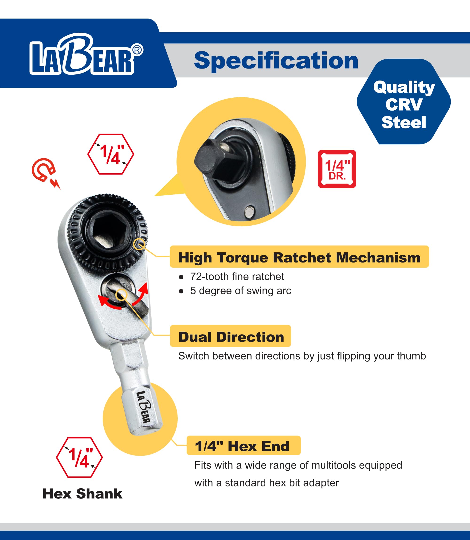LABEAR 1/4-inch drive socket adapter for quick socket-based fastening.