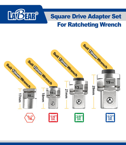 LABEAR 3/8 x 13mm adapter shown, versatile fit for varied ratchets