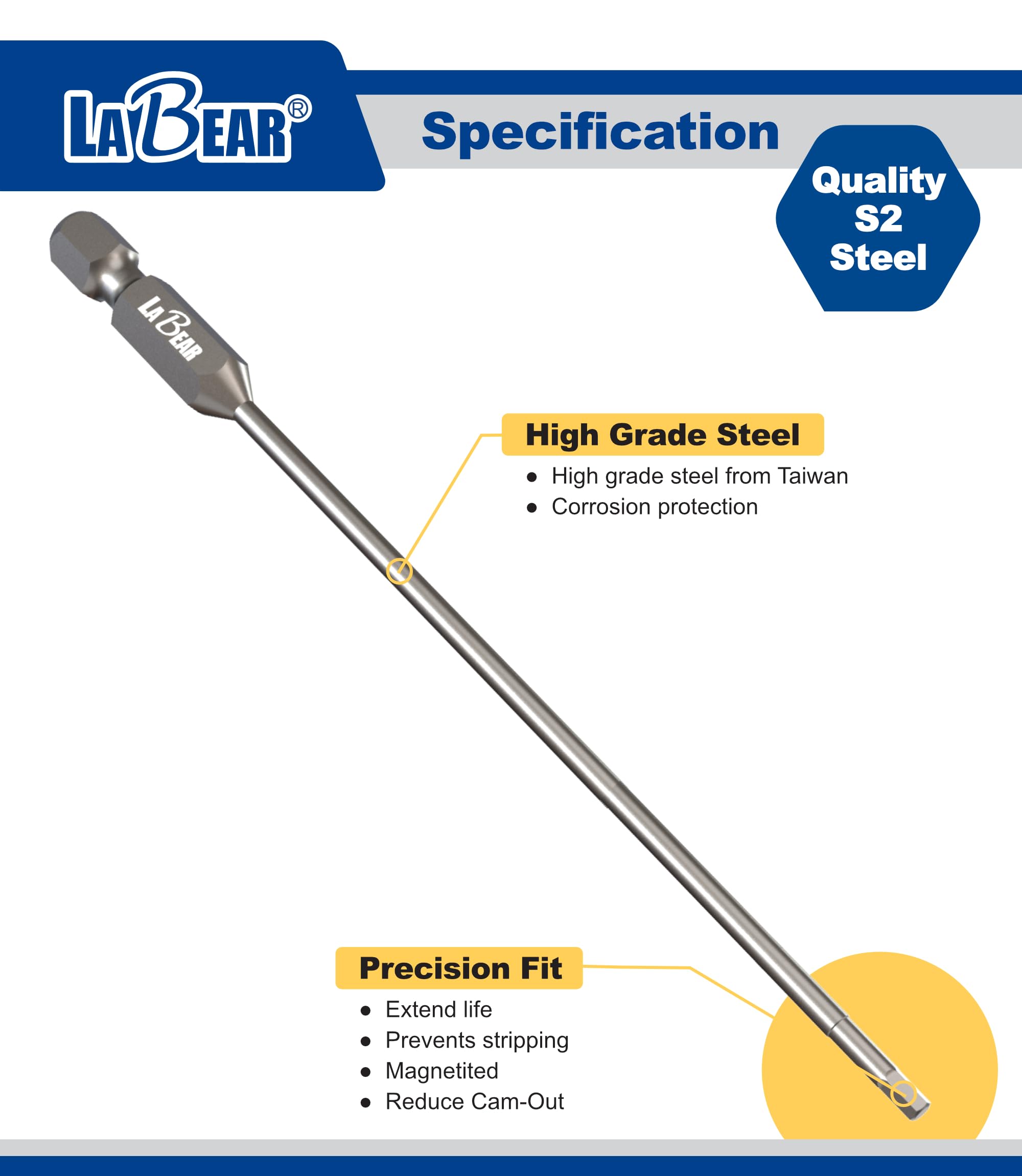 LABEAR S2 steel power bits showing durability and polished tips.