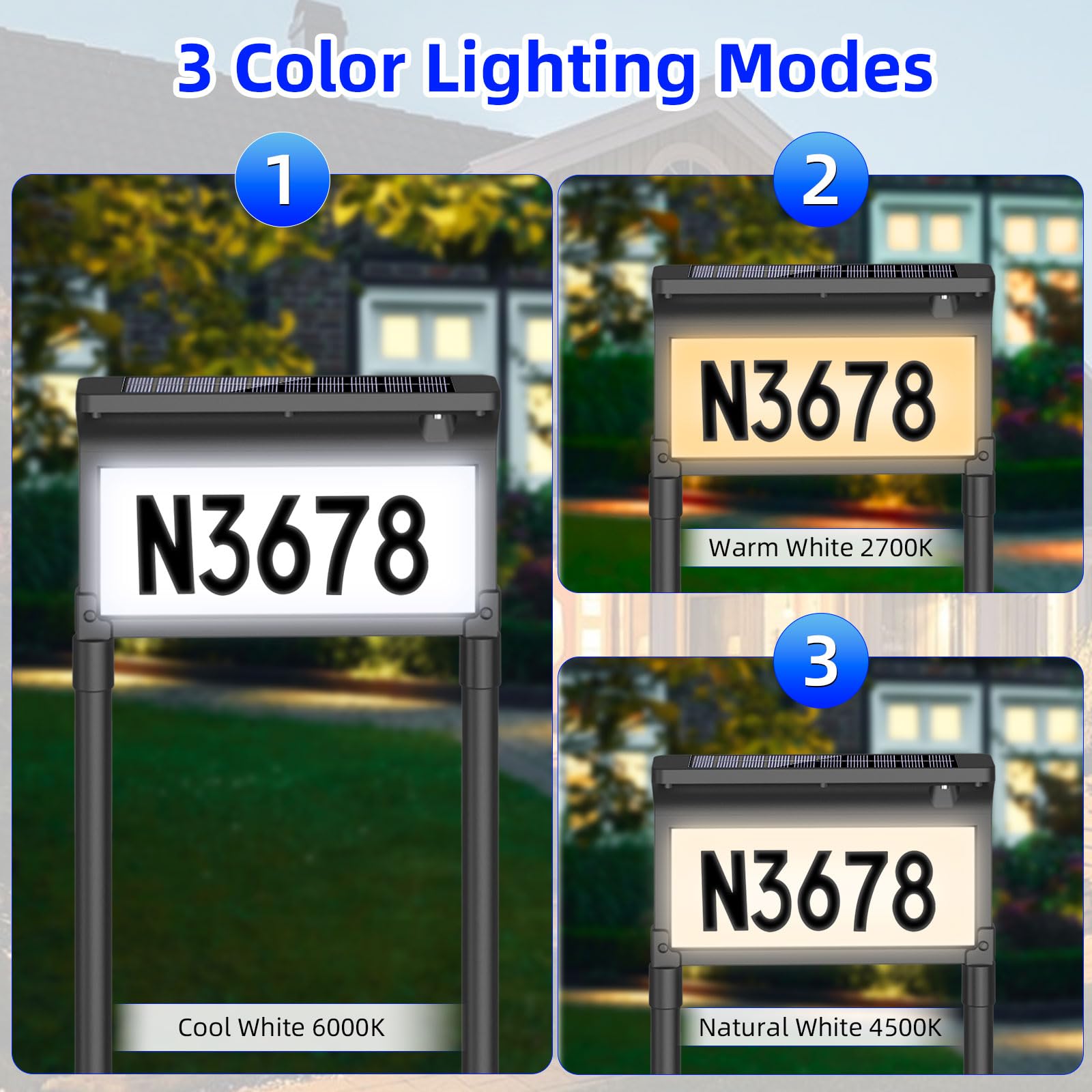 Lacasa address sign night illumination in warm mode for welcoming exterior glow.