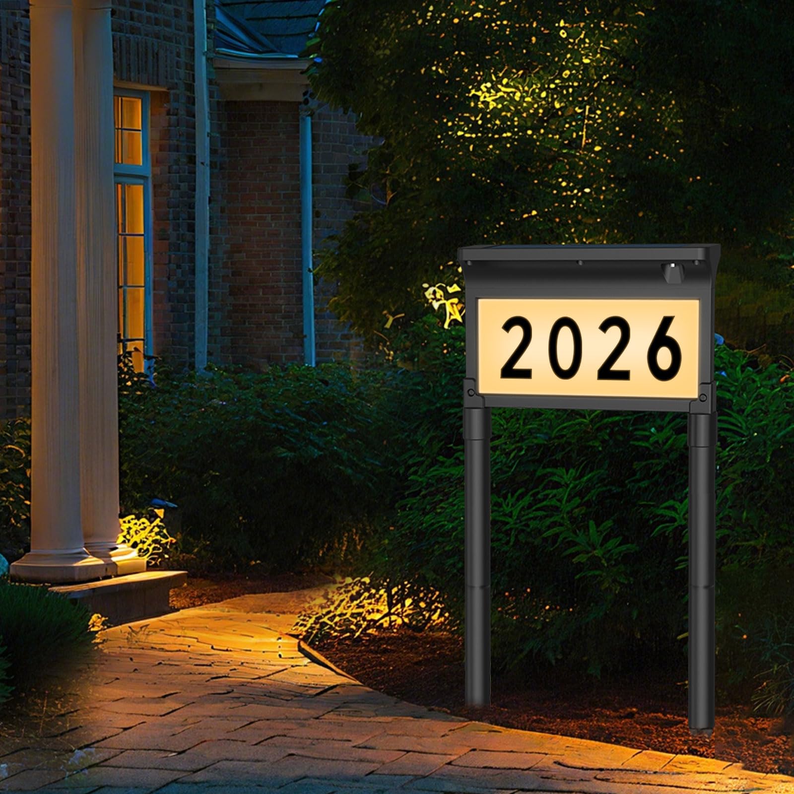 Lacasa solar address plaque with double-sided LED numbers for day and night visibility.