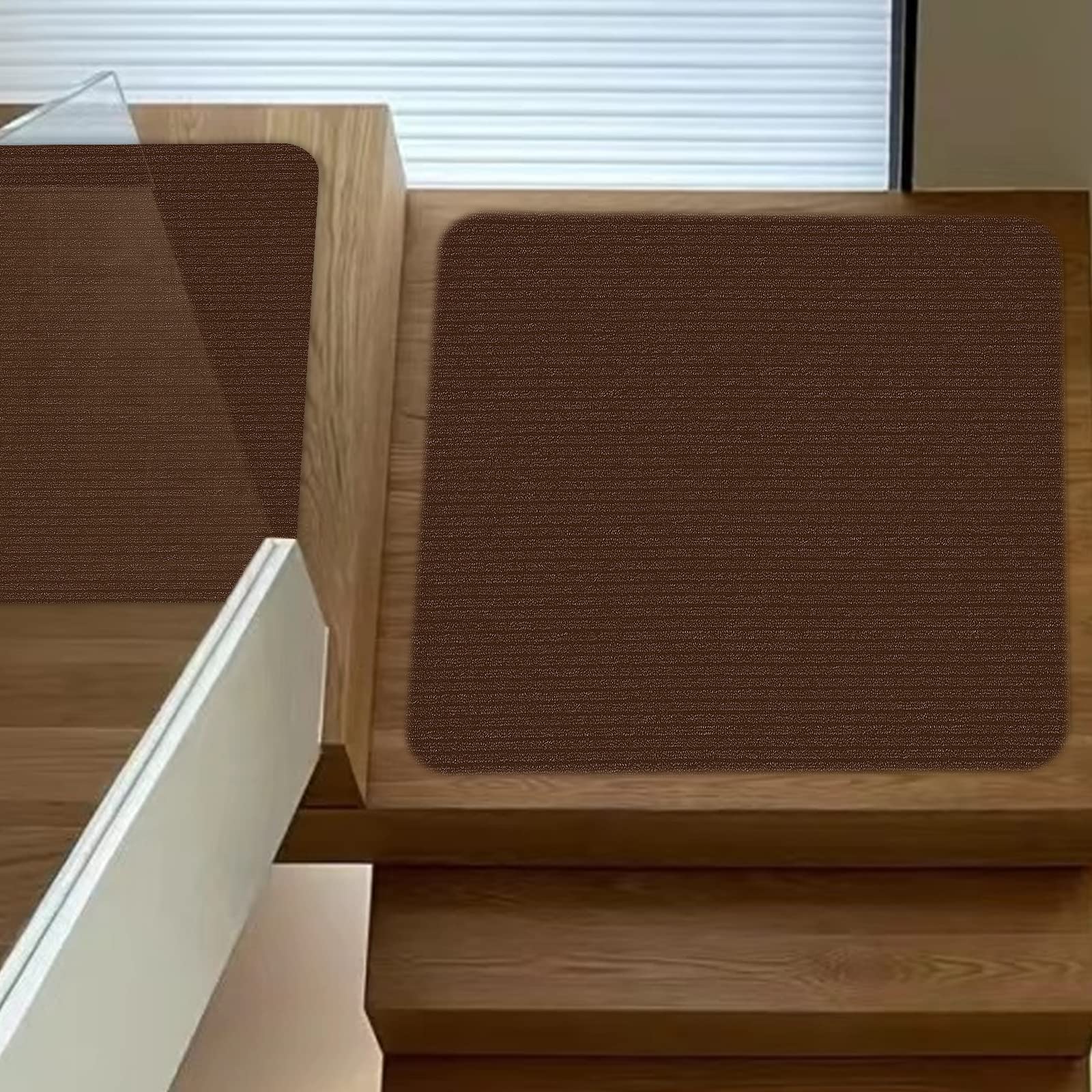 Lacut stair treads brown color complements wooden stairs.