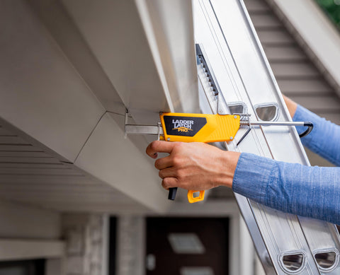 Ladder Latch Pro's adjustable clamp and rotating hook accommodate both sides of the ladder.