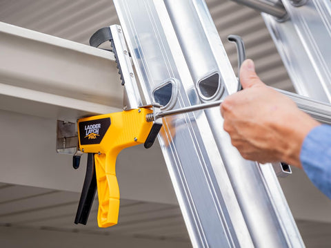 Ladder Latch Pro attached to extension ladders enables flexible, secure rooftop tasks.