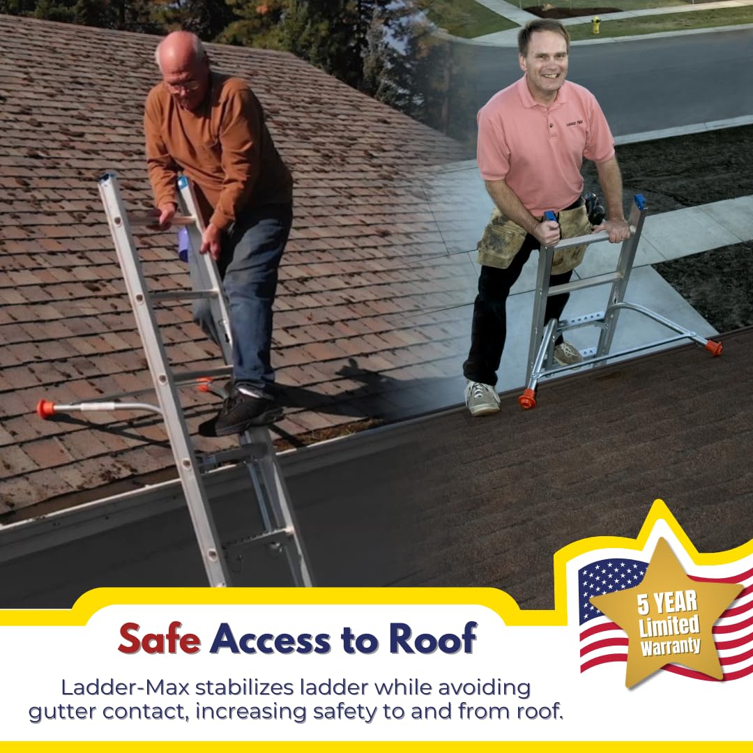 Ladder-Max stabilizer over rung shows quick on off attachment for gutters