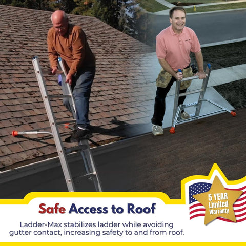 Ladder-Max stabilizer over rung shows quick on off attachment for gutters