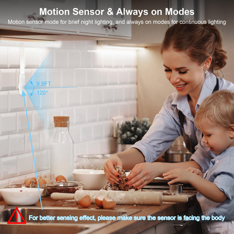LAFULIT motion sensor under cabinet lights detect movement for hands-free night lighting.