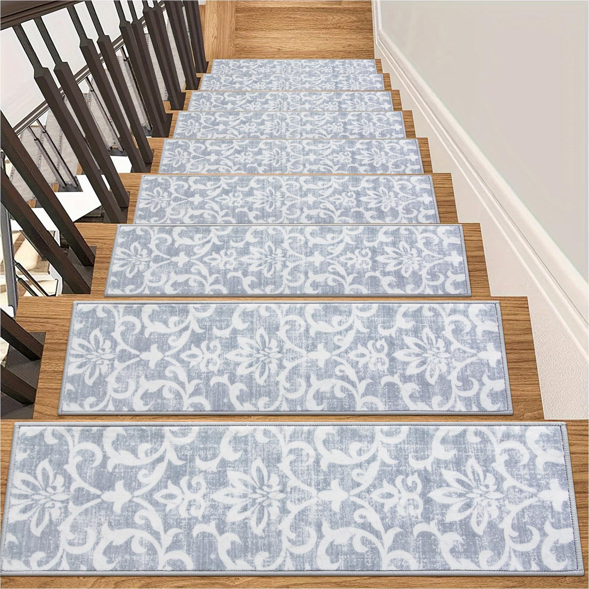 Lahome non-slip backing stair treads on wooden stairs for safer footing.