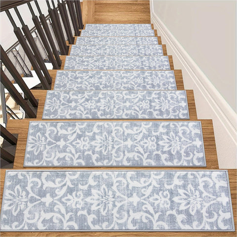 Lahome non-slip backing stair treads on wooden stairs for safer footing.