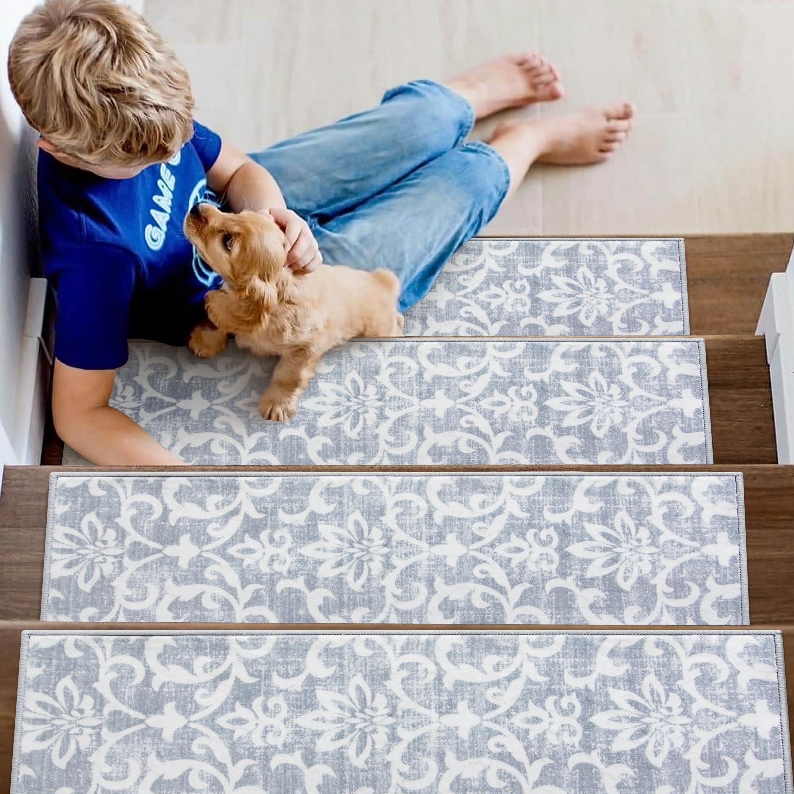 Lahome stair mats cushion steps and protect hardwood floors.