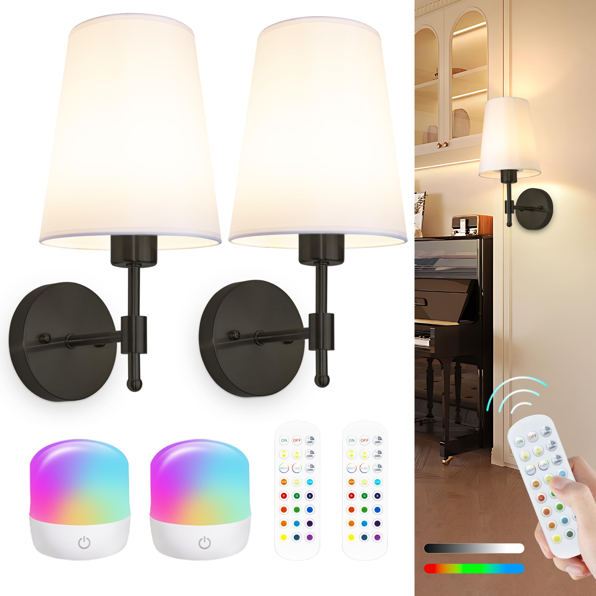 Laiebri battery operated wall sconces set of 2 with remote for wireless installation