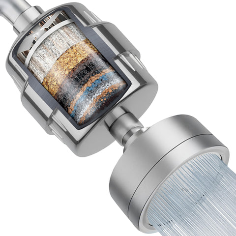 LAIFsolutions Turbo Shower Filter with rotating impeller boosts pressure for a revitalizing shower.