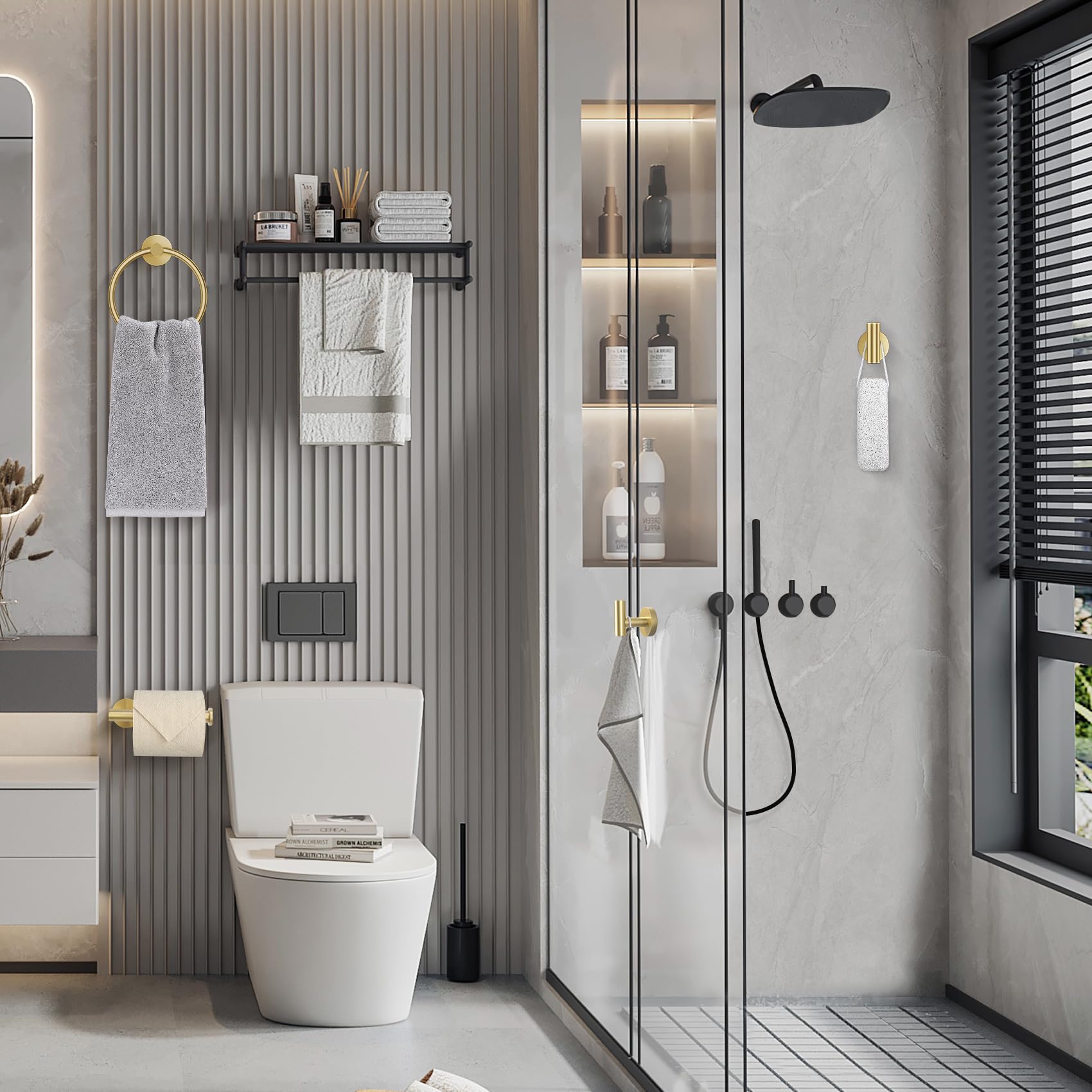 Lairuier brushed gold toilet paper holder keeps essentials within easy reach.