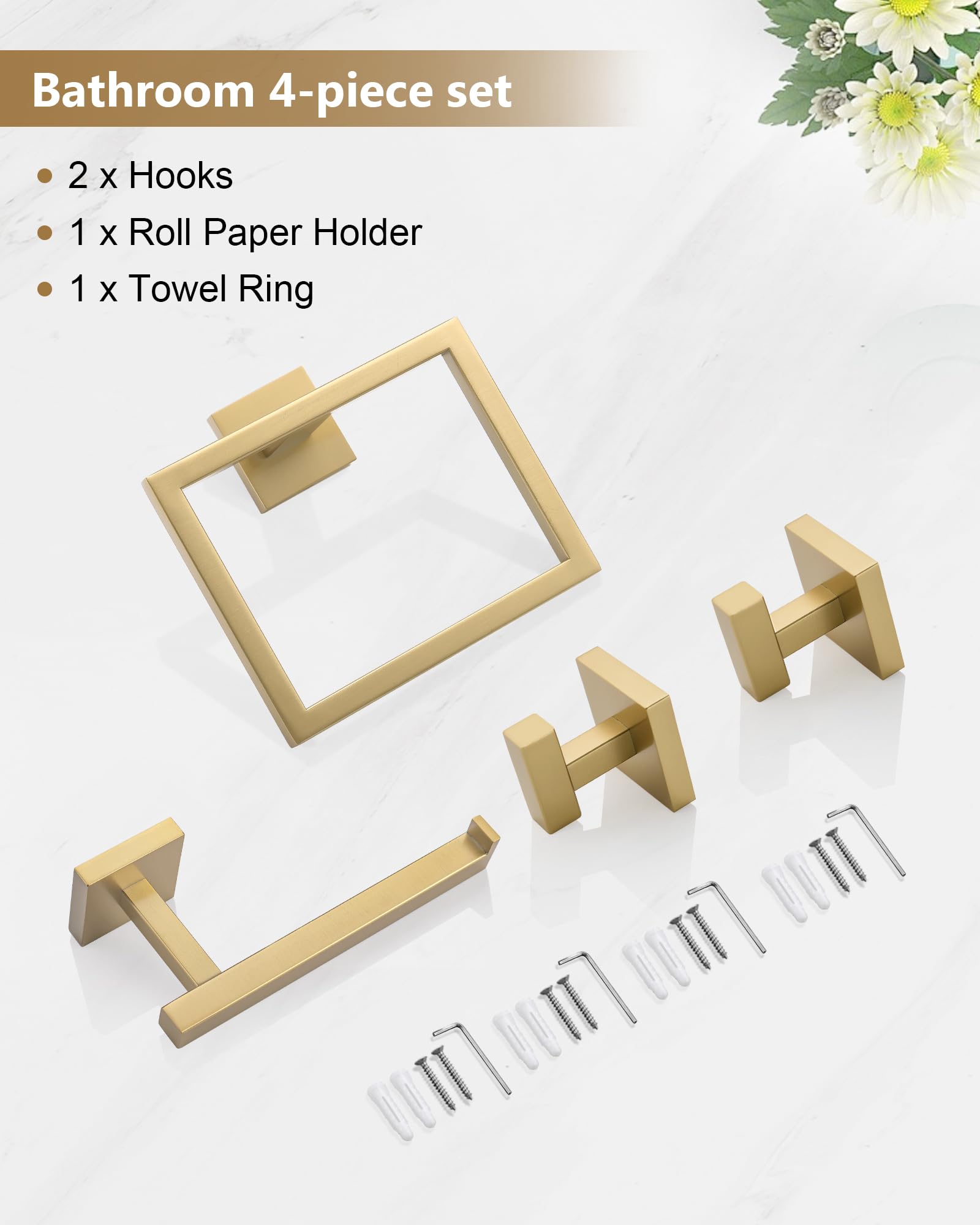 Lairuier brushed gold wall-mounted hardware set provides stable bathroom organization